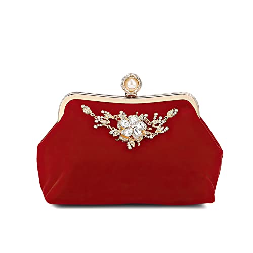 DIRRONA Elegante Kettentasche Damen Clutch Bag Jährliches Treffen Brauttasche Damen Handtaschen Prom Party Rhinestone Flower Decoration Rot von DIRRONA