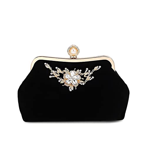 DIRRONA Elegante Kettentasche Damen Clutch Bag Jährliches Treffen Brauttasche Damen Handtaschen Prom Party Rhinestone Flower Decoration Schwarz von DIRRONA