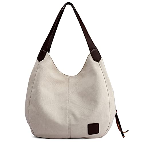 DIRRONA Mode Damen Canvas Handtasche Damen Canvas Schultertasche Canvas Tragetasche Leicht Sanft Handtasche Hohe Kapazität Reise Schultertaschen Beige Weiß von DIRRONA