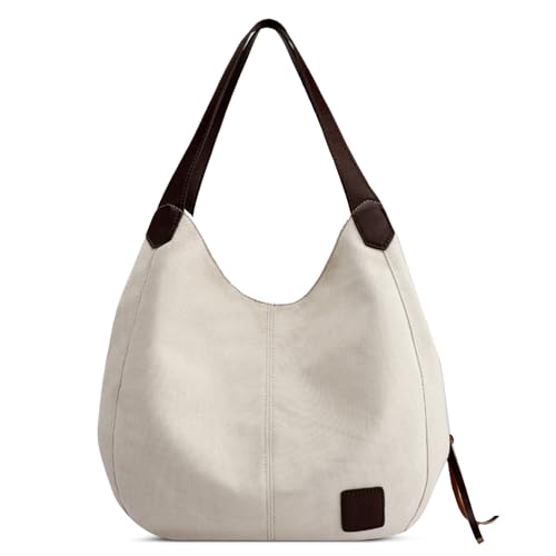 DIRRONA Mode Damen Canvas Handtasche Damen Canvas Schultertasche Canvas Tragetasche Leicht Sanft Handtasche Hohe Kapazität Reise Schultertaschen Beige Weiß von DIRRONA