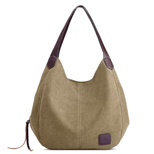 DIRRONA Mode Damen Canvas Handtasche Damen Canvas Schultertasche Canvas Tragetasche Leicht Sanft Handtasche Hohe Kapazität Reise Schultertaschen Khaki von DIRRONA