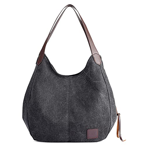 DIRRONA Mode Damen Canvas Handtasche Damen Canvas Schultertasche Canvas Tragetasche Leicht Sanft Handtasche Hohe Kapazität Reise Schultertaschen Schwarz von DIRRONA