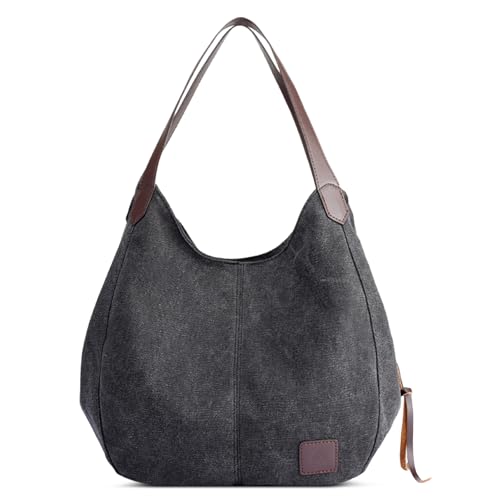 DIRRONA Mode Damen Canvas Handtasche Damen Canvas Schultertasche Canvas Tragetasche Leicht Sanft Handtasche Hohe Kapazität Reise Schultertaschen Schwarz von DIRRONA