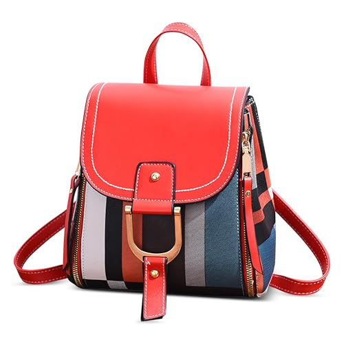 DIRRONA Mode Damen Farbblock Rucksack Klein Elegant Umhängetasche Lässig Multifunktional Rucksack Travel Arbeit Einkaufen Dating Schule Cityrucksack PU Leder Wasserdicht Rucksack Rot von DIRRONA