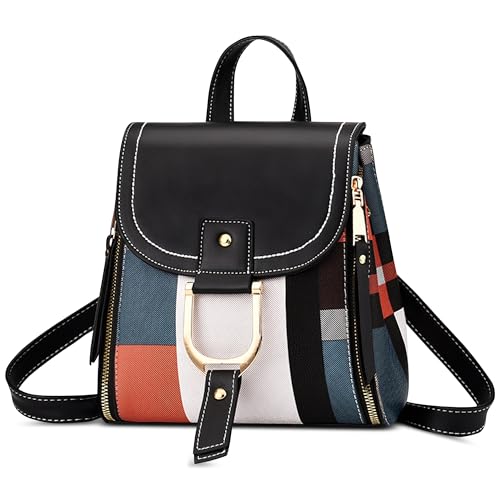 DIRRONA Mode Damen Farbblock Rucksack Klein Elegant Umhängetasche Lässig Multifunktional Rucksack Travel Arbeit Einkaufen Dating Schule Cityrucksack PU Leder Wasserdicht Rucksack Schwarz von DIRRONA
