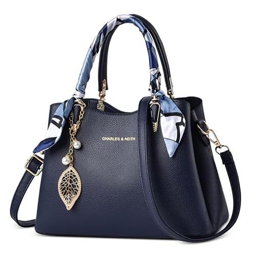DIRRONA Mode Damen Handtasche Elegante Umhängetaschen Arbeit Party Reisen Geschäft Crossbody Tasche Blatt Anhänger Mittel Lässig Pu Leder Wasserdicht Schultertasche Henkeltasche Blau von DIRRONA