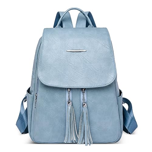 DIRRONA Mode Elegant Damen Rucksack Lässig Travel Frauen Umhängetasche Arbeit Einkaufen Cityrucksack Mittel PU Leder Schule Schulrucksack Weicher Urlaubsrucksack Quastendekoration Blau von DIRRONA