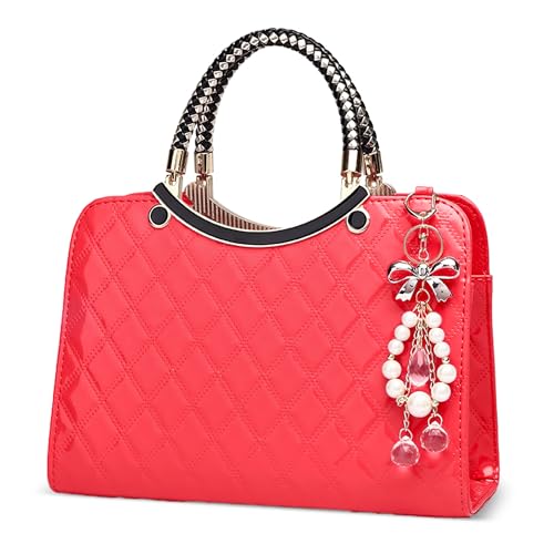 DIRRONA Damenhandtasche Mit Rautensteppmuster Und Elegantem Perlenanhänger – Mittelgroße Schultertasche Und Umhängetasche Damen Aus PU-Leder Für Hochzeit, Party, Büro, AlltagKorallenrot von DIRRONA