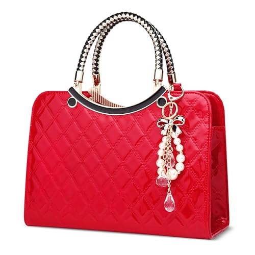 DIRRONA Damenhandtasche Mit Rautensteppmuster Und Elegantem Perlenanhänger – Mittelgroße Schultertasche Und Umhängetasche Damen Aus PU-Leder Für Hochzeit, Party, Büro, AlltagLeuchtendes Rot von DIRRONA