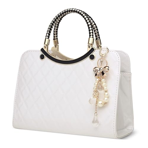 DIRRONA Damenhandtasche Mit Rautensteppmuster Und Elegantem Perlenanhänger – Mittelgroße Schultertasche Und Umhängetasche Damen Aus PU-Leder Für Hochzeit, Party, Büro, AlltagElegantes Weiß von DIRRONA