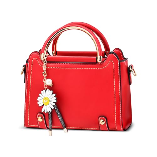 DIRRONA Mode Niedlich Damen Handtasche Elegant Handtaschen Pu Leder Wasserdicht Klein Schultertasche Lässig Reisen Arbeiten Party Dating Umhängetasche Gänseblümchen Anhänger Rot von DIRRONA