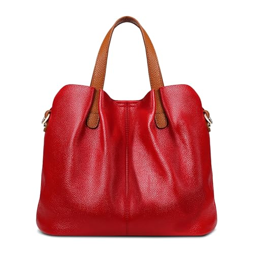 DIRRONA Retro Echtes Leder Umhängetasche Bag Damen Handtasche Groß Kapazität Beiläufig Schultertasche Abnehmbare Innentasche Tragetasche Rot von DIRRONA