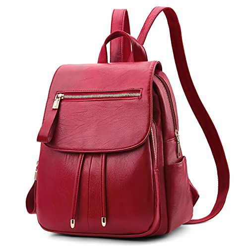 DIRRONA Rucksack Damen Beiläufig Diebstahlschutz Daypack Reise Wasserdicht Rucksack Schule Büro Geschäftsreise PU Leder Mittel Damen Rucksack Rot von DIRRONA