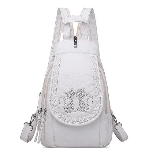 DIRRONA Rucksack Damen Beiläufig Kleine Brusttasche für Damen Multifunktionale Reise Wasserdicht Schultertaschen Draussen Weich PU Leder Damen Handtasche Große Kapazität BrusttascheWeiß C von DIRRONA