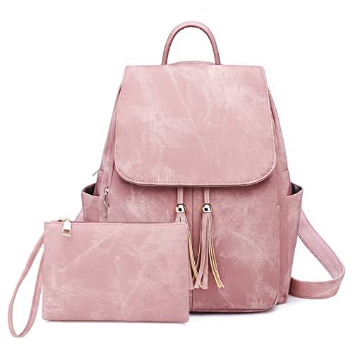 DIRRONA Rucksack Damen Lässig Mehrere Taschen Schultertaschen Large Rucksack PU Leder Wasserdichte Diebstahlschutz Bag Ausflüge Schule Arbeit Damen Quaste Rucksack Mit Kleine Kupplung Rosa von DIRRONA