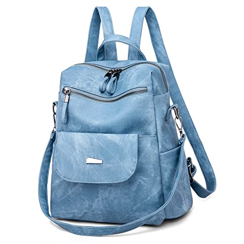 DIRRONA Rucksack Damen Lässig Schultertaschen Mehrere Taschen Large Rucksack Wasserdichte Diebstahlschutz PU Leder Bag Ausflüge Schule Arbeit Damen Rucksack Blau von DIRRONA