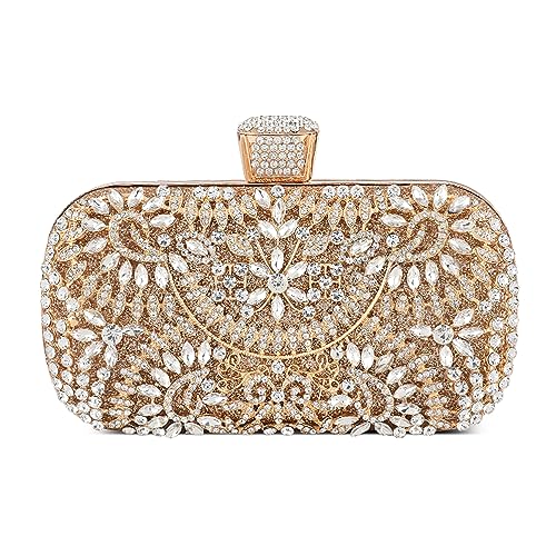 DIRRONA Strass Damen Handtasche Elegante Hochzeits Braut Clutch Bag Exquisite Kettentasche Glitzer Party Crossbody Frauen Mode Umhängetasche Jährliches Treffen Prom Abendtasche Golden A von DIRRONA