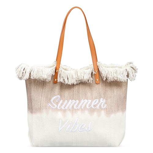 DIRRONA UmhäNgetasche FüR Damen Groß Einkaufstasche Damenhandtasche LäSsige Strandtasche Reisen Strand Stickerei Quaste Canvas-Tasche Pendeltasche Braun von DIRRONA