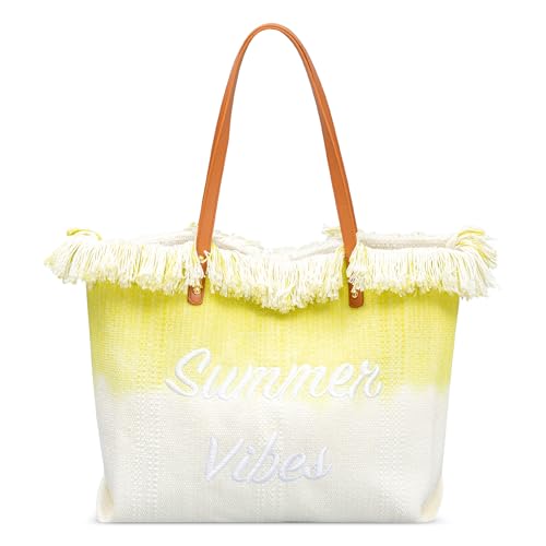 DIRRONA UmhäNgetasche FüR Damen Groß Einkaufstasche Damenhandtasche LäSsige Strandtasche Reisen Strand Stickerei Quaste Canvas-Tasche Pendeltasche Gelb von DIRRONA