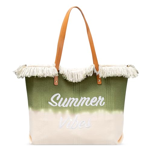 DIRRONA UmhäNgetasche FüR Damen Groß Einkaufstasche Damenhandtasche LäSsige Strandtasche Reisen Strand Stickerei Quaste Canvas-Tasche Pendeltasche Grün von DIRRONA