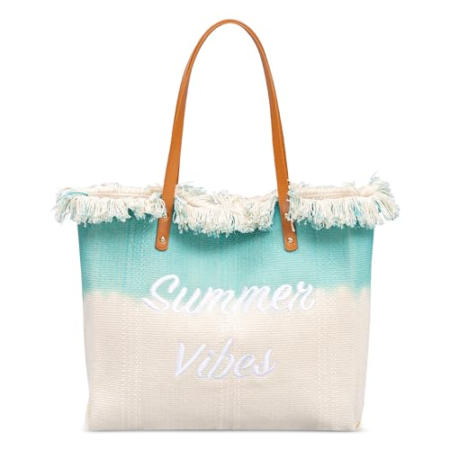 DIRRONA UmhäNgetasche FüR Damen Groß Einkaufstasche Damenhandtasche LäSsige Strandtasche Reisen Strand Stickerei Quaste Canvas-Tasche Pendeltasche Hellblau von DIRRONA