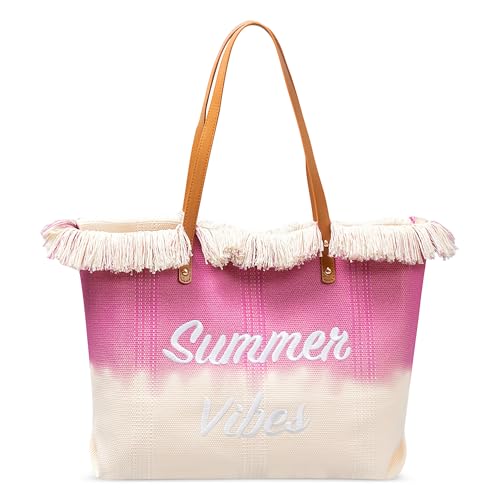 DIRRONA UmhäNgetasche FüR Damen Groß Einkaufstasche Damenhandtasche LäSsige Strandtasche Reisen Strand Stickerei Quaste Canvas-Tasche Pendeltasche Lila von DIRRONA