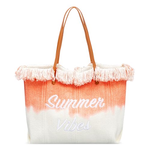 DIRRONA UmhäNgetasche FüR Damen Groß Einkaufstasche Damenhandtasche LäSsige Strandtasche Reisen Strand Stickerei Quaste Canvas-Tasche Pendeltasche Orange von DIRRONA