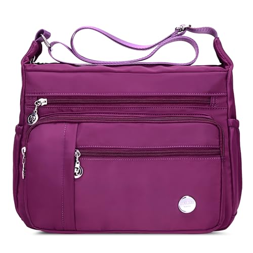 DIRRONA Umhängetasche Damen Casual Schultertasche Groß Kapazität Wasserdicht Damen Reise Arbeit Lässig Täglich Nylon Handtasche Multi Tasche Damen Messenger Bag 2 Größen Lila A von DIRRONA