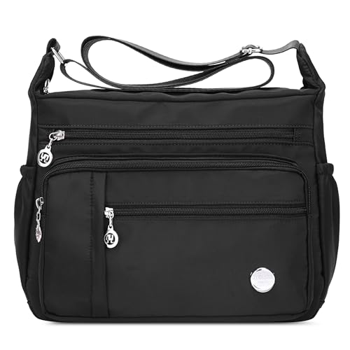 DIRRONA Umhängetasche Damen Casual Schultertasche Groß Kapazität Wasserdicht Damen Reise Arbeit Lässig Täglich Nylon Handtasche Multi Tasche Damen Messenger Bag 2 Größen Schwarz A von DIRRONA