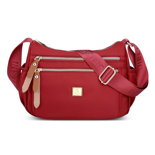 DIRRONA Umhängetasche Damen Casual Schultertasche Wasserdicht Damen Reise Arbeit Lässig Täglich Nylon Handtasche Multi Tasche Damen Messenger Bag Rot A von DIRRONA