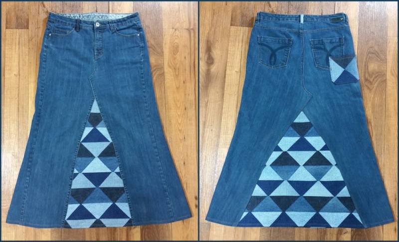 Damen Up-Cycled Denim Jean Rock Mit Patchwork Einsätze von DIRTIHIPPI