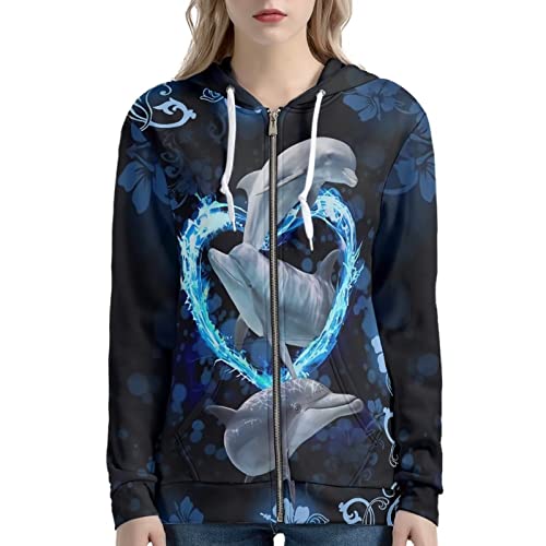 DISNIMO Damen Weich Gemütlich Kapuzenpullover mit Tasche Casual Zip Up Athletic Hoodie Größe S-5XL, Delfin, 46 von DISNIMO