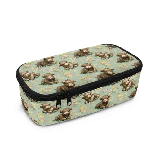 DISNIMO Federmäppchen für Mädchen, großes Fassungsvermögen, Stifttasche, Schreibwaren-Aufbewahrungs-Organizer, Hochlandkuh mit Blumenmuster, Taschen-Organizer von DISNIMO