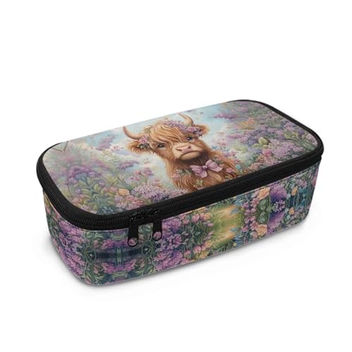 DISNIMO Federmäppchen für Teenager und Mädchen, großes Fassungsvermögen, Stifttasche mit Reißverschluss, Schreibwarentasche, Hochlandkuh mit Blume, Taschen-Organizer von DISNIMO