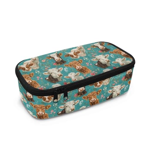 DISNIMO Federmäppchen mit großem Fassungsvermögen und Reißverschluss, Schreibwaren-Aufbewahrungstasche, Stift-Organizer-Tasche, Hochlandkuh mit Blumenmuster, Taschen-Organizer von DISNIMO