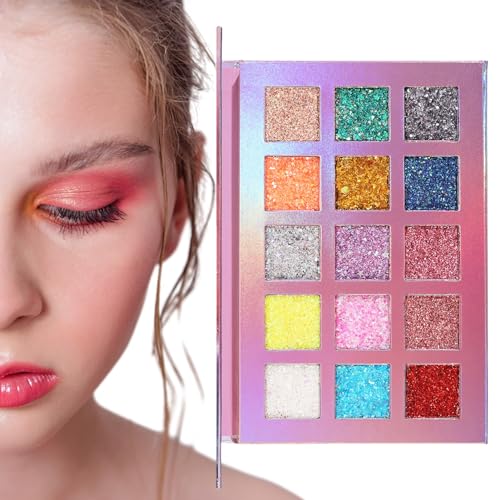 Glitzer-Lidschatten-Palette, Schimmernde Glitzer-Lidschatten-Palette Mit 15 Farben, Langlebige Kosmetische Glitzer-Palette, Funkelnder Nachtclub-Lidschatten Zwiebelrosa, Multifunktionales Augen-Make-u von DISPRA