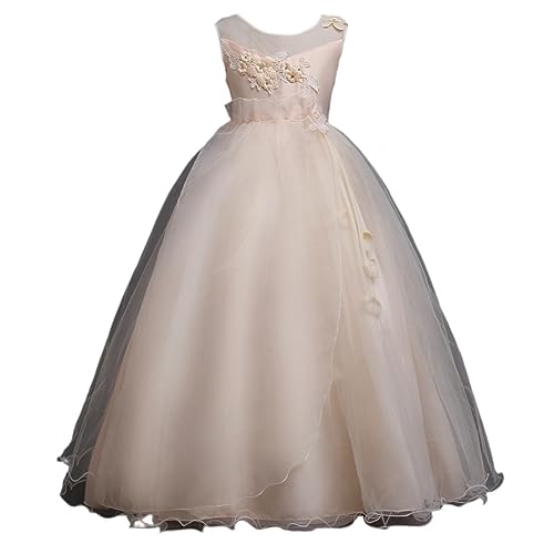 DISSA Blumensmädchenkleid Prinzessin Kleid Beige Festliches Kinder Mädchen Kleid Ohne Arm Gestickt Tüll Party Festliche Hochzeit Kleid 13-14 Jahre,D708 von DISSA