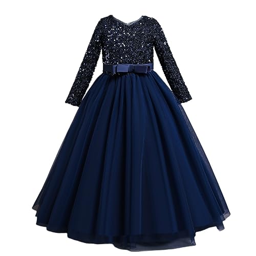 DISSA Blumensmädchenkleid Prinzessin Kleid Dunkelblau Festliches Kinder Mädchen Kleid 3/4-Arm Pailletten Tüll Party Festliche Hochzeit Kleid 11-12 Jahre,D318 von DISSA