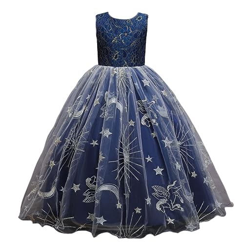 DISSA Blumensmädchenkleid Prinzessin Kleid Dunkelblau Festliches Kinder Mädchen Kleid Ohne Arm Spitze Tüll Party Festliche Hochzeit Kleid 6-7 Jahre,D2042 von DISSA