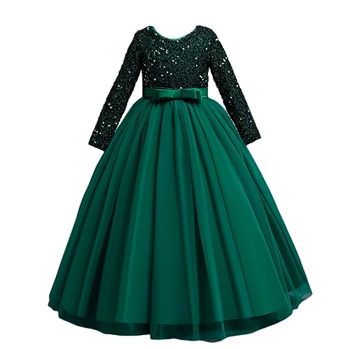 DISSA Blumensmädchenkleid Prinzessin Kleid Grün Festliches Kinder Mädchen Kleid 3/4-Arm Pailletten Tüll Party Festliche Hochzeit Kleid 11-12 Jahre,D318 von DISSA