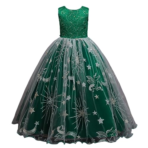 DISSA Blumensmädchenkleid Prinzessin Kleid Grün Festliches Kinder Mädchen Kleid Ohne Arm Spitze Tüll Party Festliche Hochzeit Kleid 11-12 Jahre,D2042 von DISSA