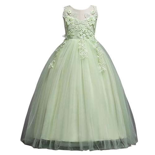 DISSA Blumensmädchenkleid Prinzessin Kleid Grün Festliches Kinder Mädchen Kleid Ohne Arm Spitze Tüll Party Festliche Hochzeit Kleid 7-8 Jahre,D832 von DISSA