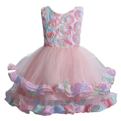 DISSA Blumensmädchenkleid Prinzessin Kleid Rosa Festliches Kinder Mädchen Kleid Ohne Arm Geblümtes Tüll Party Festliche Hochzeit Kleid 9-10 Jahre,D2037 von DISSA