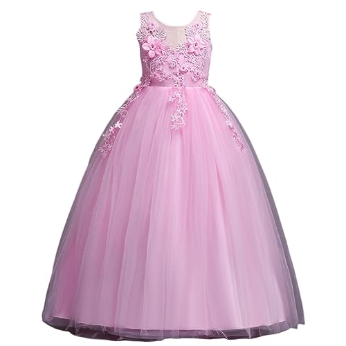 DISSA Blumensmädchenkleid Prinzessin Kleid Rosa Festliches Kinder Mädchen Kleid Ohne Arm Spitze Tüll Party Festliche Hochzeit Kleid 5-6 Jahre,D832 von DISSA