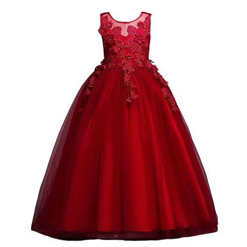 DISSA Blumensmädchenkleid Prinzessin Kleid Rot Festliches Kinderkleid Ohne Arm Spitze Tüll Party Festliche Hochzeit Kleid 9-10 Jahre,D832 von DISSA