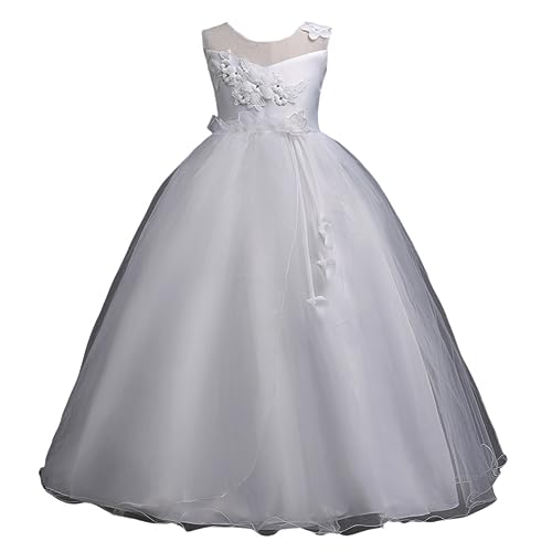 DISSA Blumensmädchenkleid Prinzessin Kleid Weiß Festliches Kinder Mädchen Kleid Ohne Arm Gestickt Tüll Party Festliche Hochzeit Kleid 15-16 Jahre,D708 von DISSA