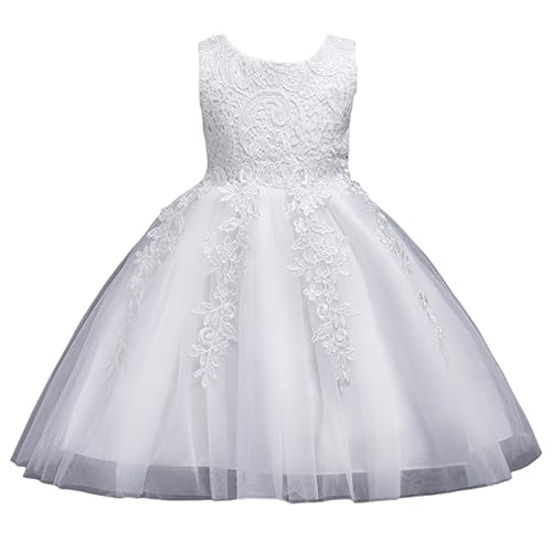 DISSA Blumensmädchenkleid Prinzessin Kleid Weiß Festliches Kinder Mädchen Kleid Ohne Arm Spitze Tüll Party Festliche Hochzeit Kleid 2-3 Jahre,D802 von DISSA