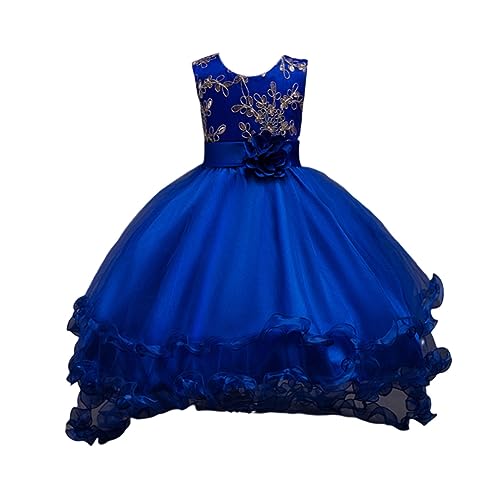 DISSA Blumensmädchenkleid Vokuhila Kleid Dunkelblau Festliches Kinder Mädchen Kleid Ohne Arm Gestickt Tüll Party Festliche Hochzeit Kleid 10-11 Jahre,D813 von DISSA