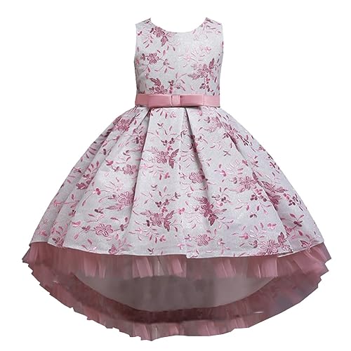 DISSA Blumensmädchenkleid Vokuhila Kleid Dunkelrosa Festliches Kinder Mädchen Kleid Ohne Arm Gestickt Tüll Party Festliche Hochzeit Kleid 4-5 Jahre,D209 von DISSA