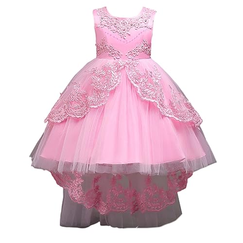 DISSA Blumensmädchenkleid Vokuhila Kleid Hellrosa Festliches Kinder Mädchen Kleid Ohne Arm Spitze Tüll Party Festliche Hochzeit Kleid 4-5 Jahre,D584 von DISSA